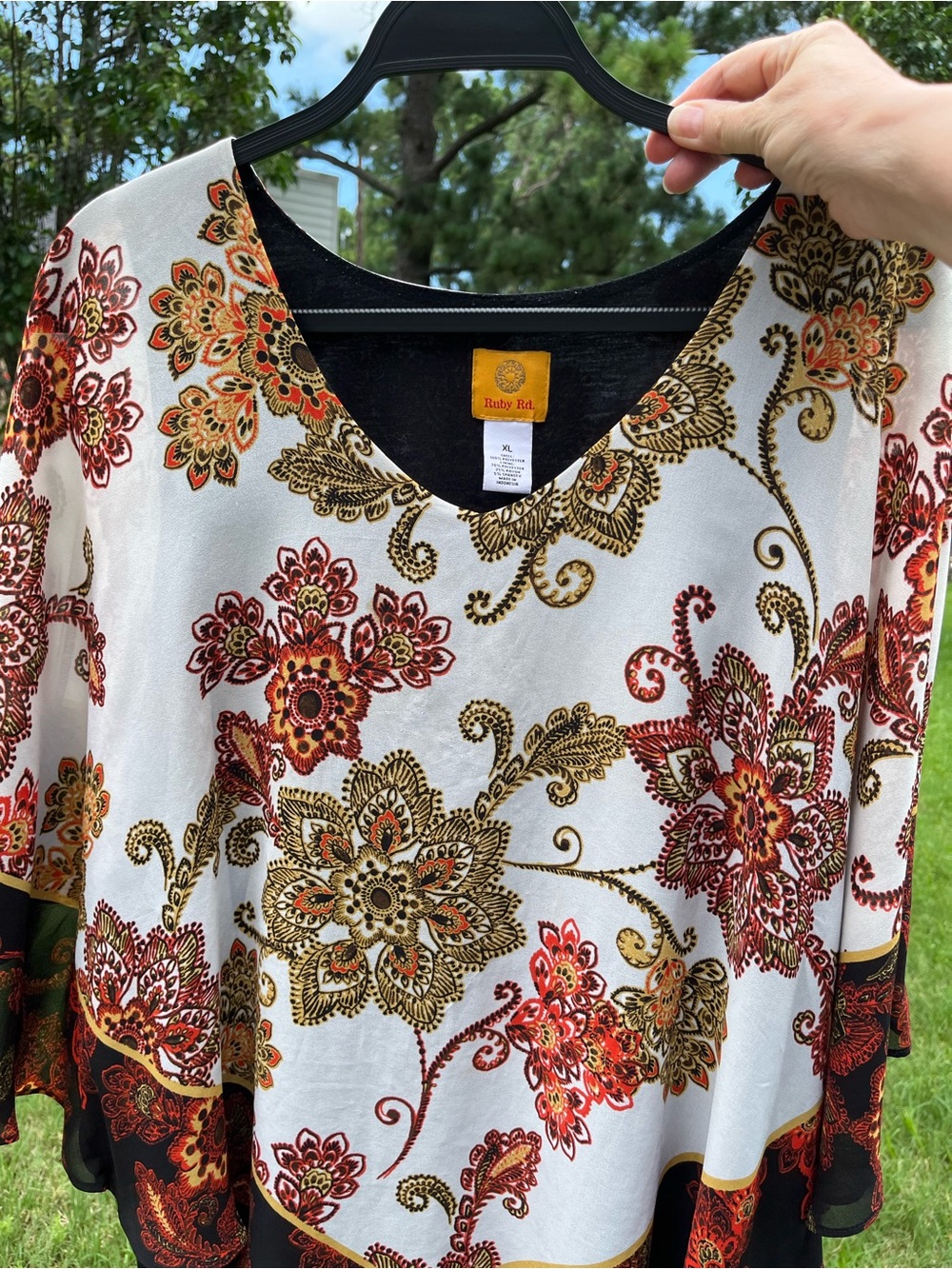 Ruby Rd. White Floral Poncho Top with Red & Gold Accents - Picture 2 of 5